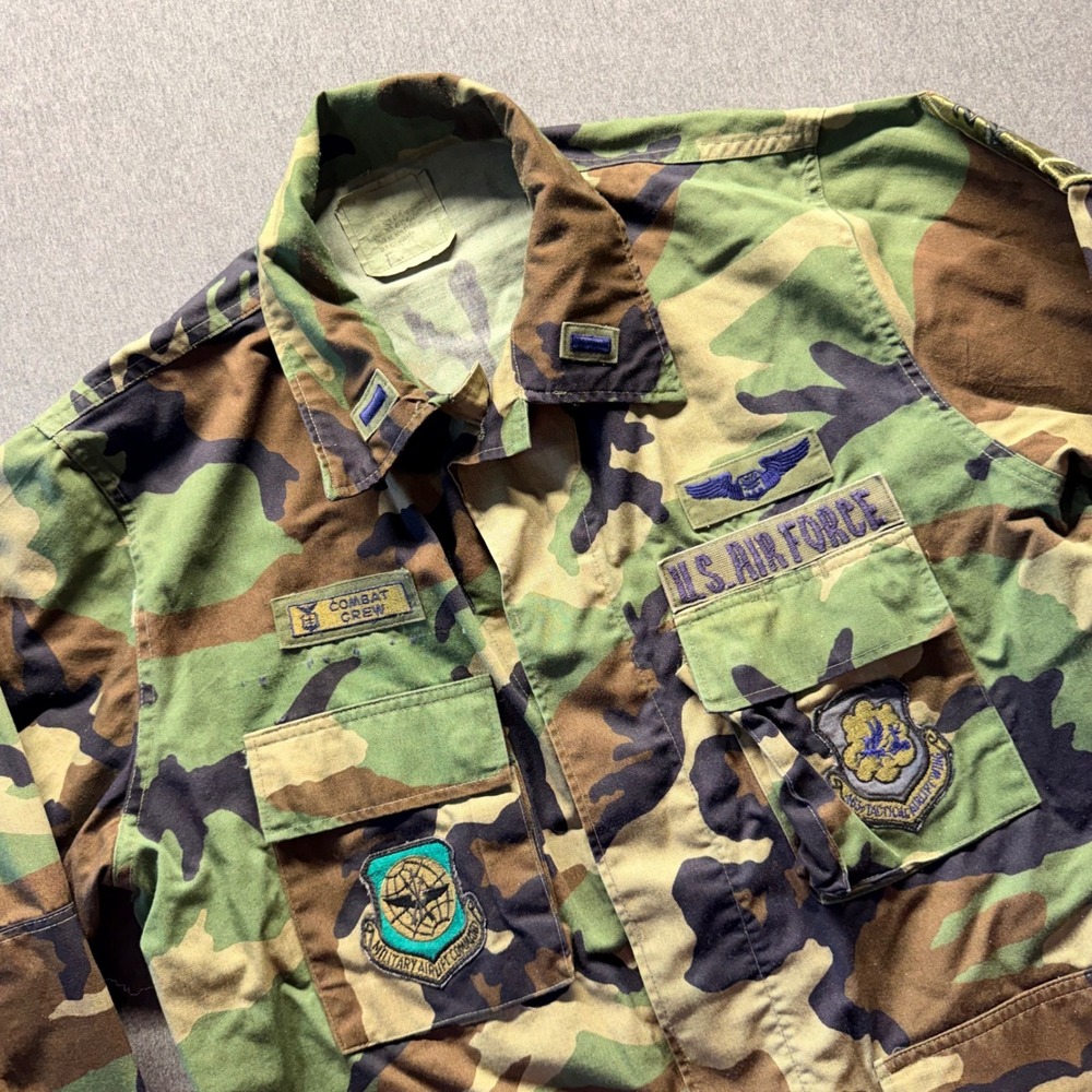 Vintage US Air Force Woodland Camo BDU Jacket Large Regular Hell On Wheels Patch